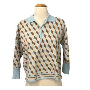 Tuckernuck Clayton Knit Polo Top Light Blue Tan Retro Boxy 3/4 Sleeve Size XS/S